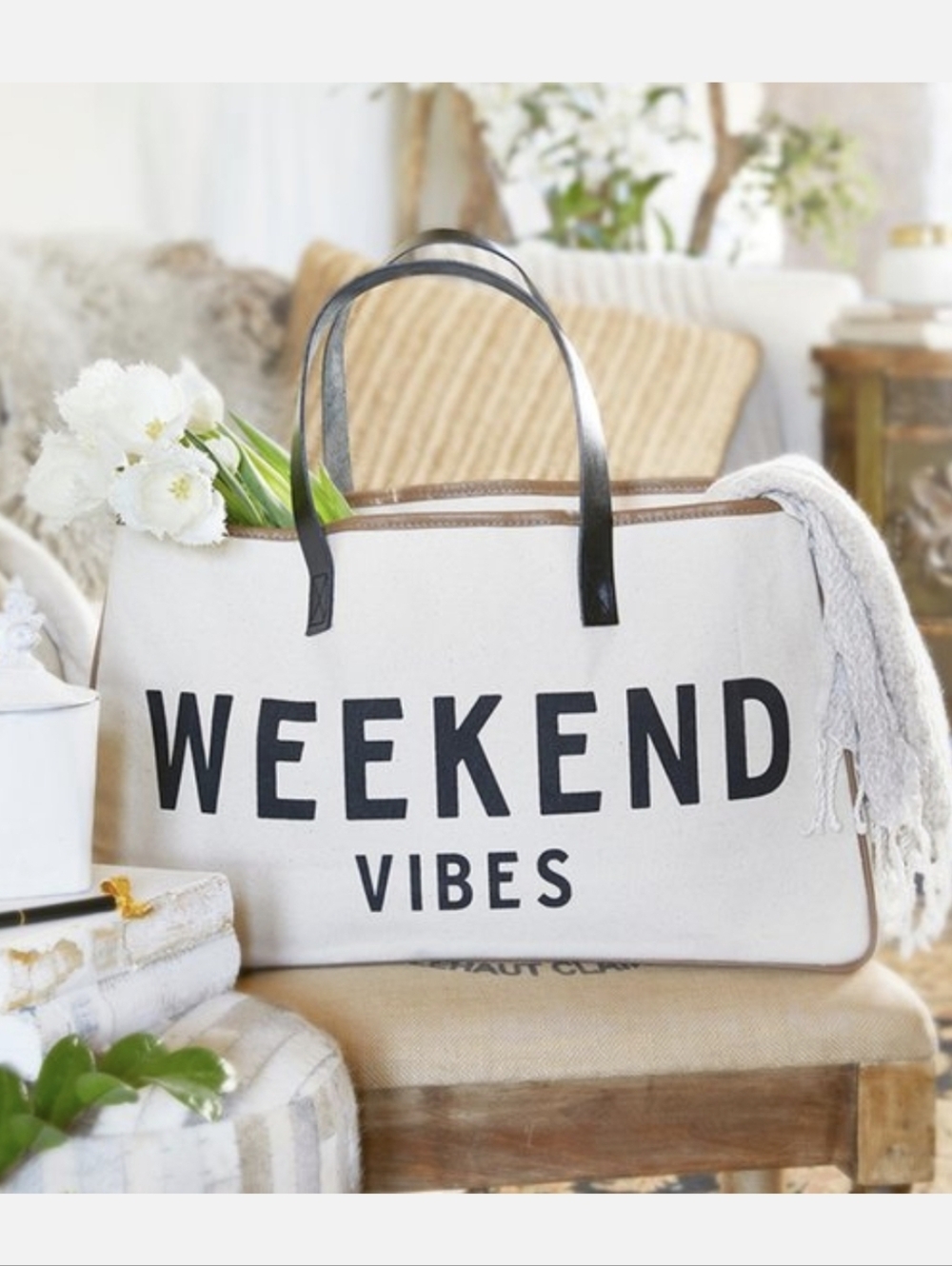 Weekend Vibes Canvas Tote Bag in White and Tan NEW